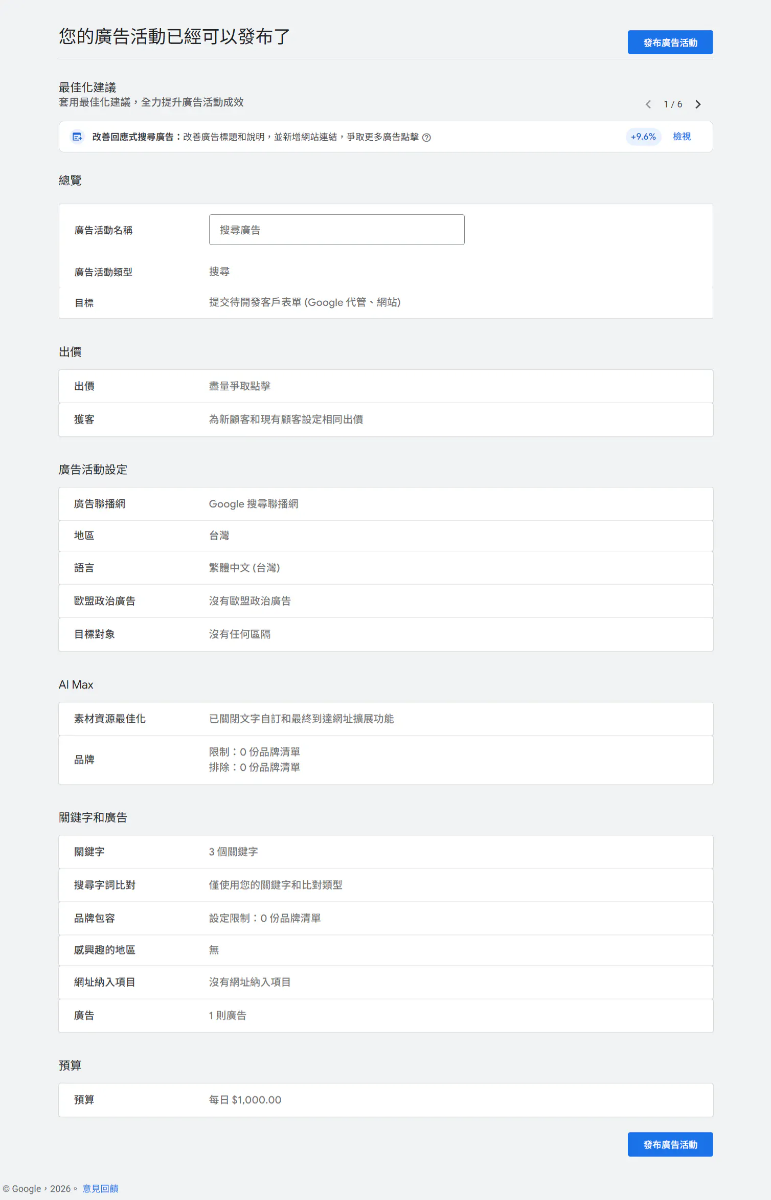 再來會將上述的設定預覽做個總確認，確認沒問題按下發布廣告活動即可。