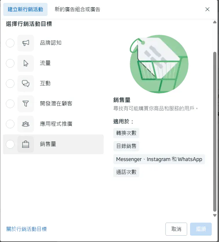 Meta廣告的活動目標之一：銷售量，適合大部分希望客戶下單購買的B2C電商。