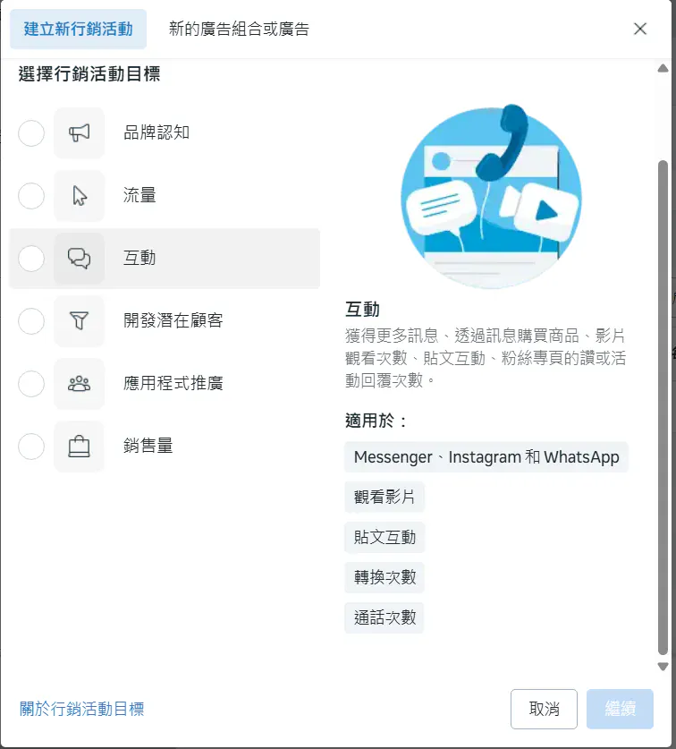 Meta廣告的活動目標之一：互動，適合用在想衝高粉專人氣或粉絲人數、舉辦活動提升知名度等目的。