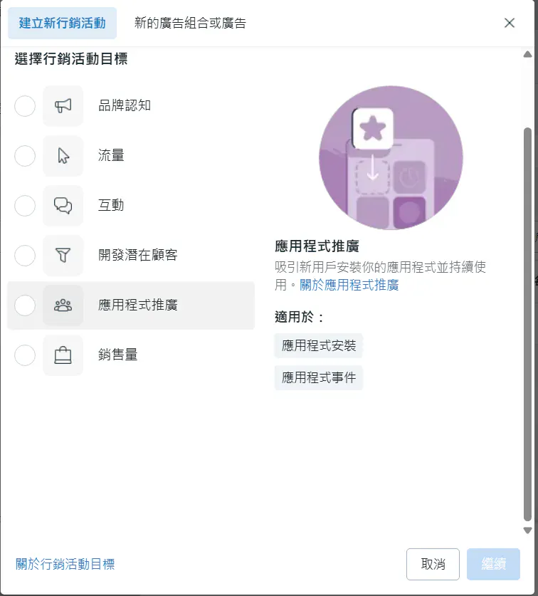 Meta廣告的活動目標之一：應用程式推廣，吸引用戶安裝想推廣出去的應用程式。